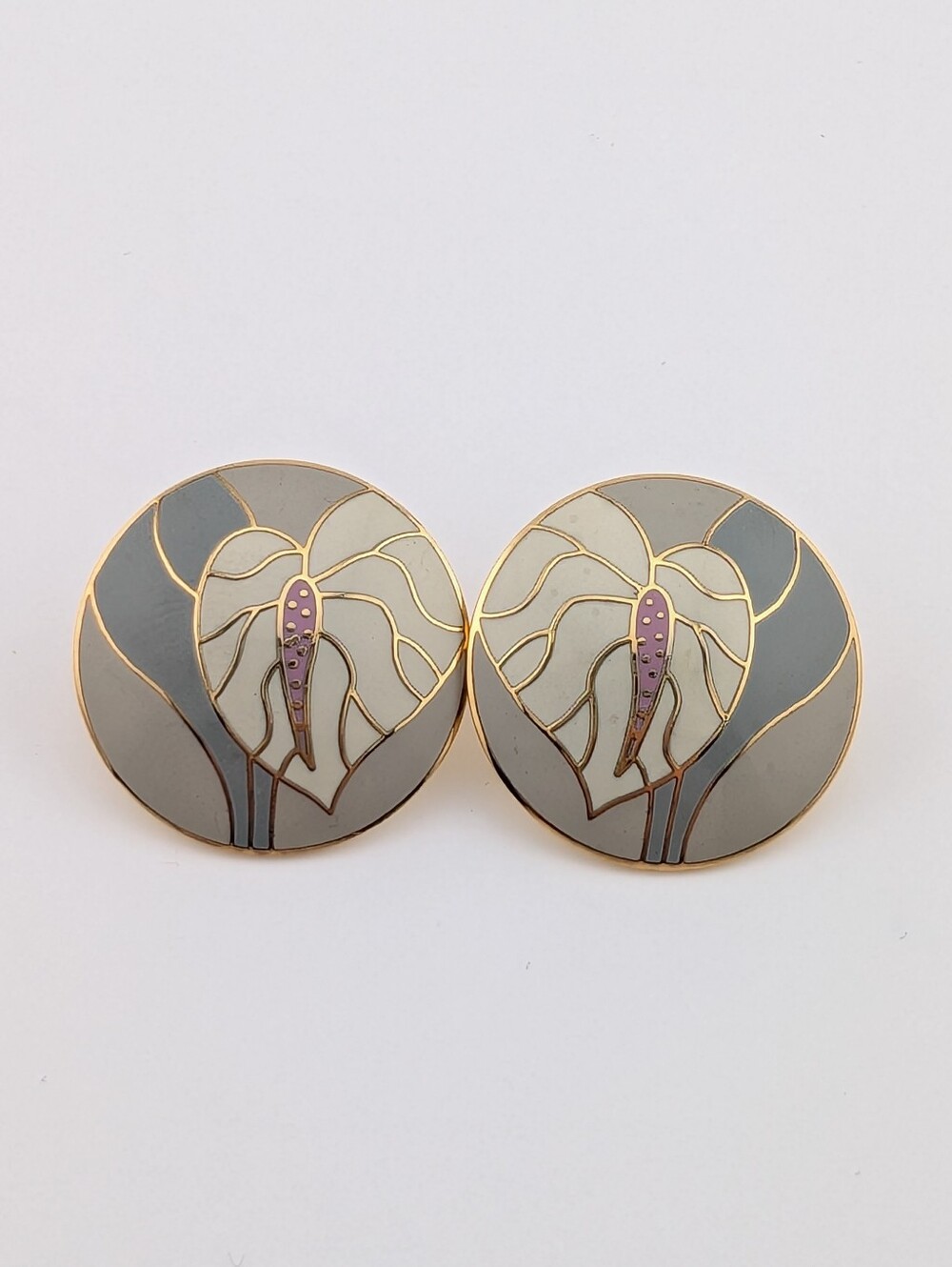 Vintage Laurel Burch Anthurium Flower Earrings Cloisonne Enamel Post Studs